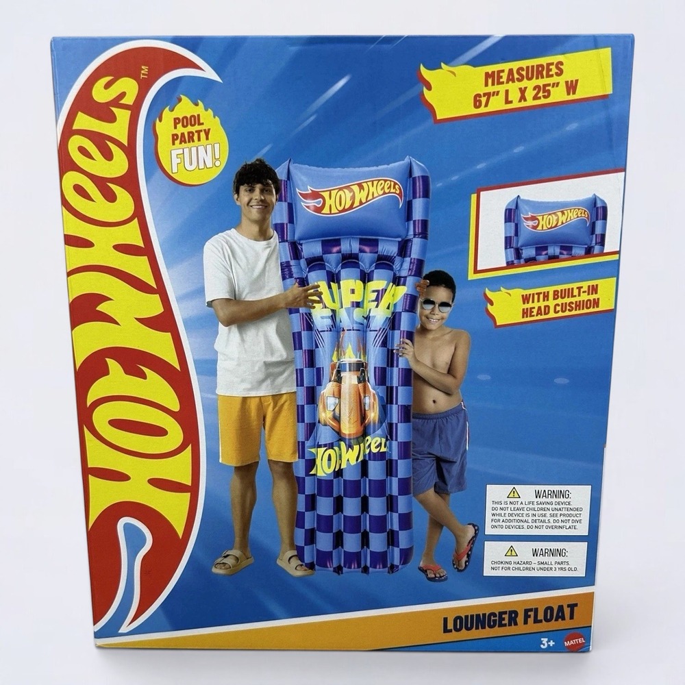 Hot Wheels Lounger Float Blue Retro Checkered Inflatable Pool Raft 67in NEW